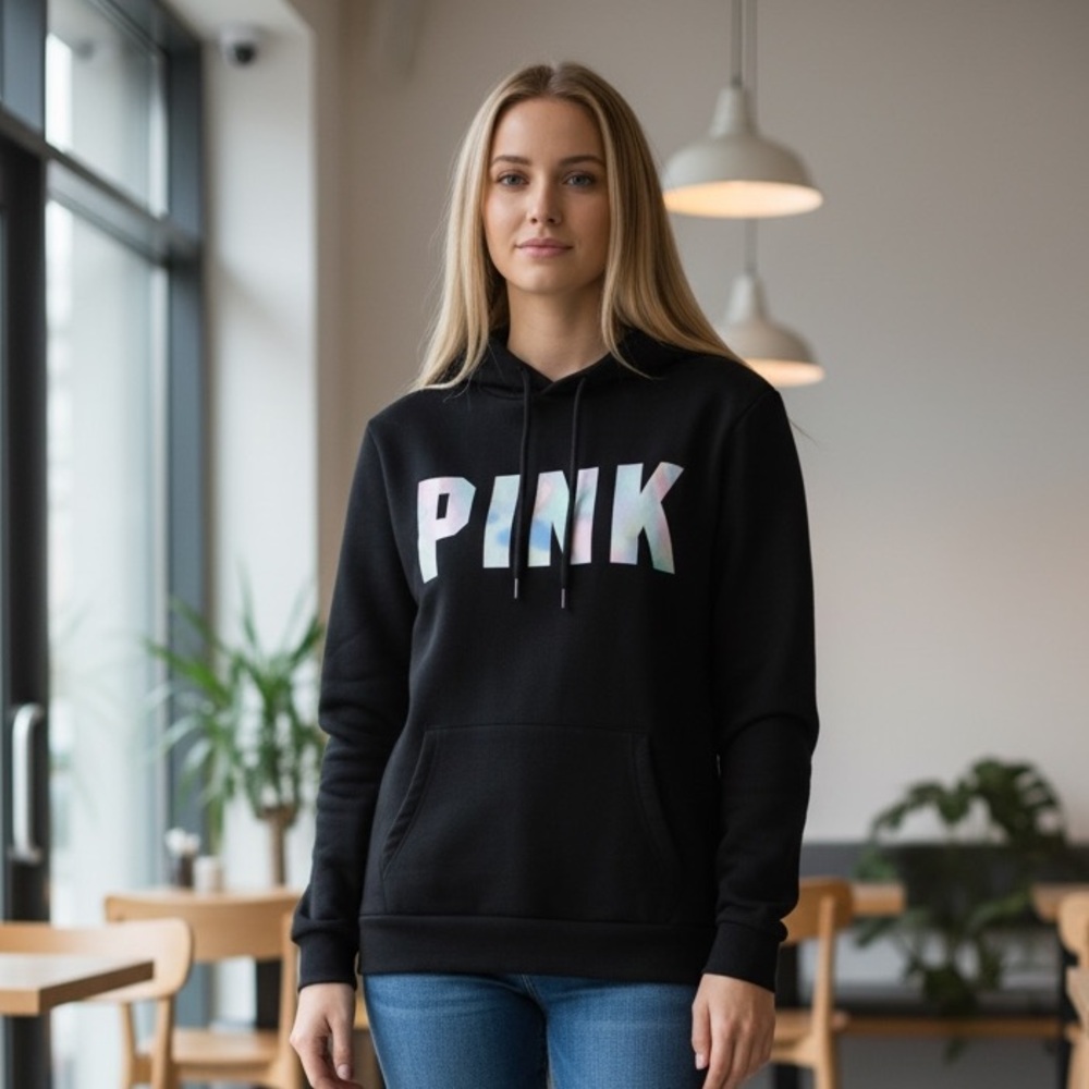 PINK‎ Victoria's Secret Black Hoodie with Iridescent Logo